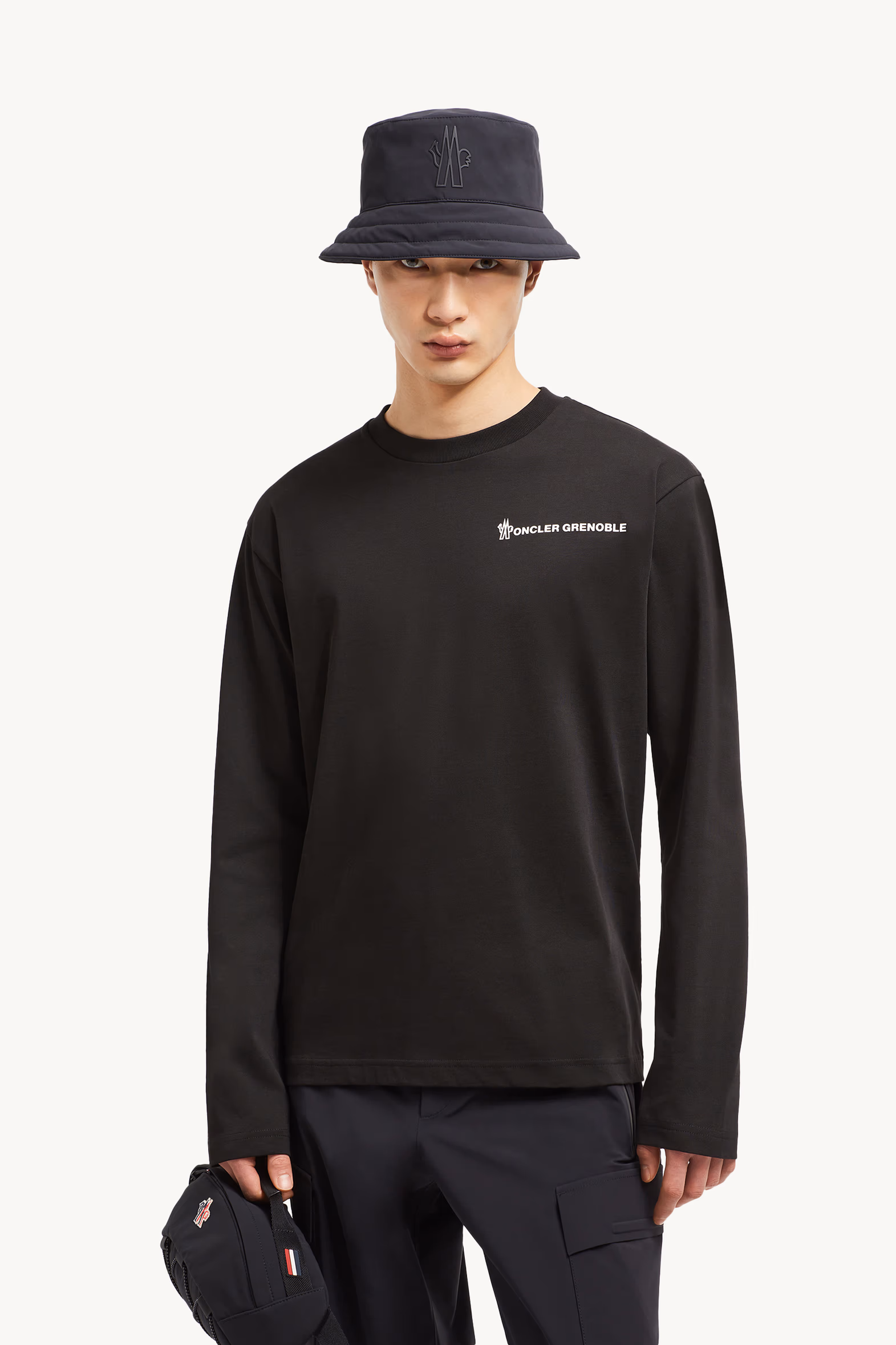 Camiseta de algodón de manga larga con logotipo Hombre Negro Moncler 0